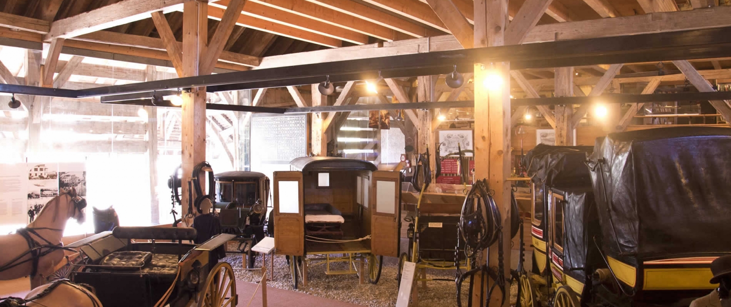 Salle "Le temps des diligences" au Musée Suisse du Cheval, La Sarraz. Immersion dans l'histoire équestre suisse. Exposition artistique et ateliers ludiques sur le patrimoine des transports hippomobiles. Conférences au Château.