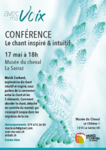 Découvrez la conférence "Chant intuitif et inspiré" animée par Maïck Cochard, auteure, compositrice et exploratrice du chant intuitif, samedi 17 mai 2025 de 17h00 à 18h00. Plongez dans une expérience immersive autour de l’expression vocale, mêlant créativité, bien-être et connexion à soi, inspirée par des sonorités ethniques et une approche ludique du chant spontané. Participation libre sur inscription, idéale pour passionnés de musique, de développement personnel et de culture vivante